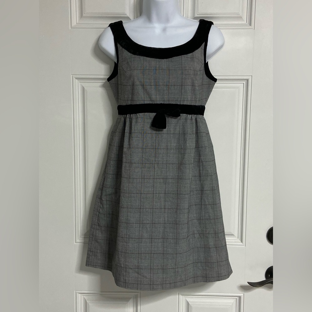 H- HOLIDAY Academia Houndstooth Plaid Velvet Trim Midi Dress